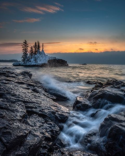 Minnesota-Lake Superior Lake waves and rocks at sunrise